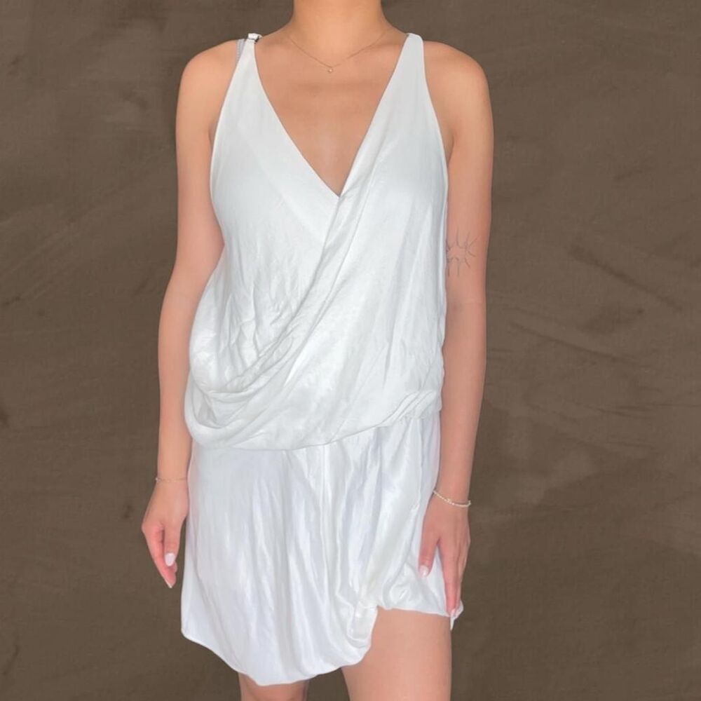 Helmut Lang white asymmetrical drop waist satin dress draped
